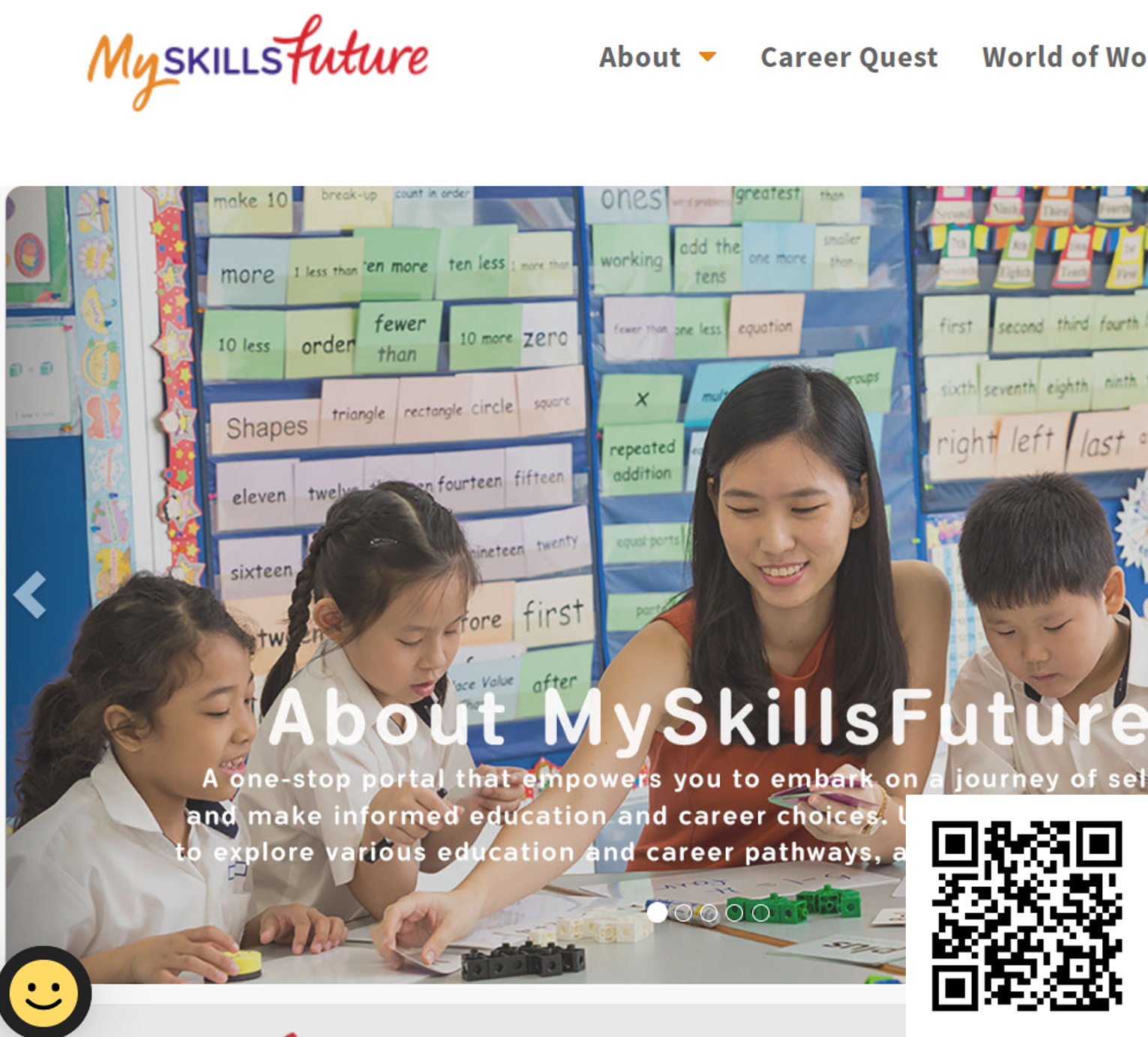 MySkillsFuture website homepage showing a teacher smiling with three young students in a colorful classroom.